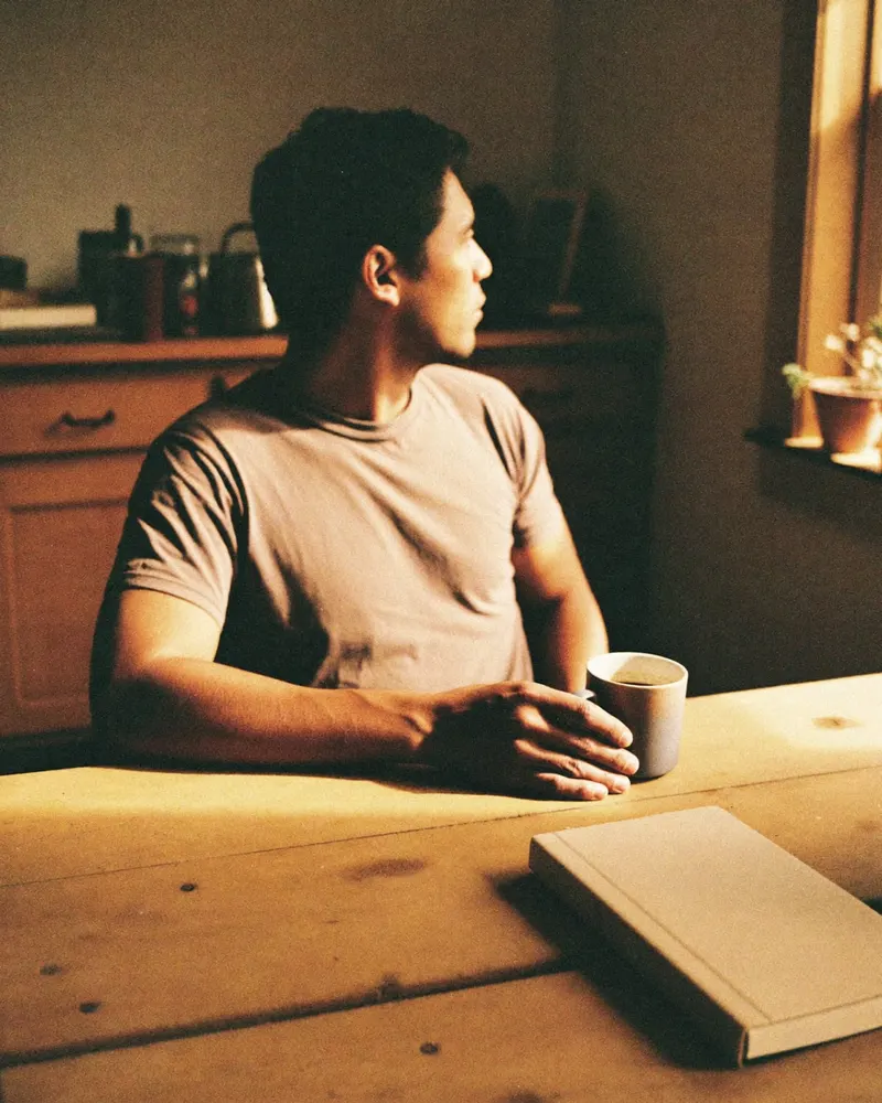 Kyle Back, the founder, at his kitchen table on a quiet morning, coffee at hand, looking out the window