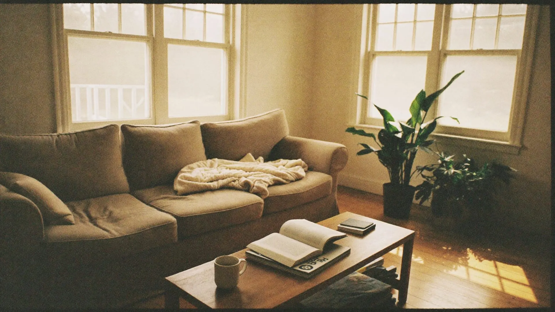 A sunlit Australian living room on a slow weekend morning, couch and coffee, no hurry