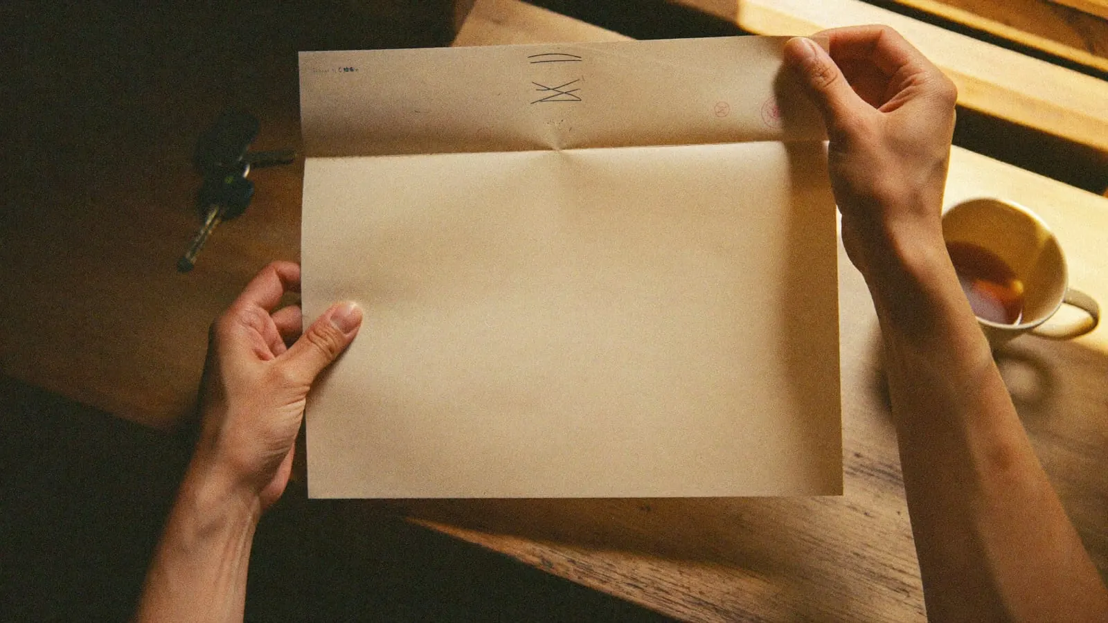 Hands holding a paper bill at the kitchen bench in the morning light